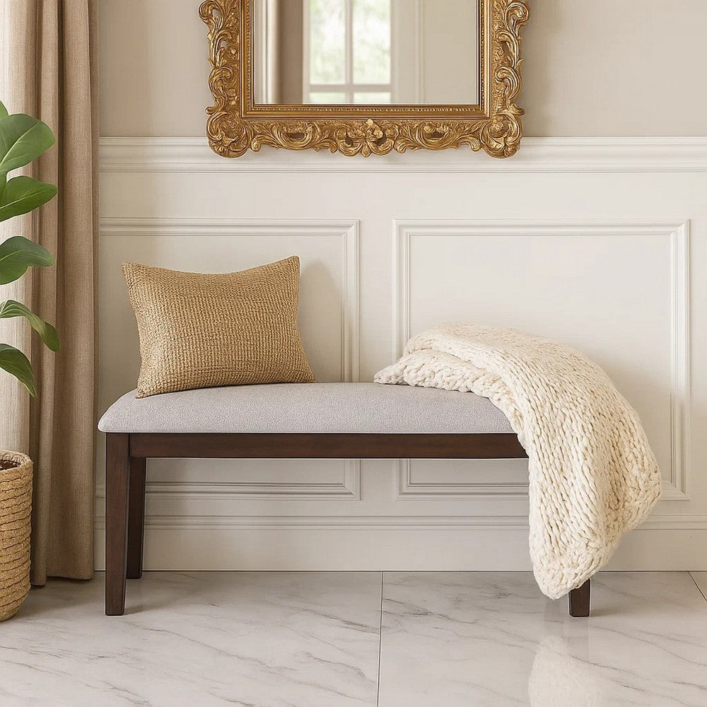 Dining Bench, White Fabric Walnut Brown Rubberwood, 46 Inch Foam Seat - BM341035