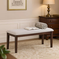 Dining Bench, White Fabric Walnut Brown Rubberwood, 46 Inch Foam Seat - BM341035