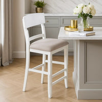 Keyan Counter Height Chair, Foam Gray Fabric Seat, Antique White Wood - BM341041