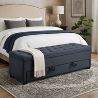 Kenny Ottoman, Underseat Drawer, Blue-Gray Button Tufted Boucle, 60 Inch - BM341052