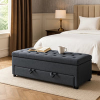 Kenny Ottoman, Underseat Drawer, Blue-Gray Button Tufted Boucle, 60 Inch - BM341052