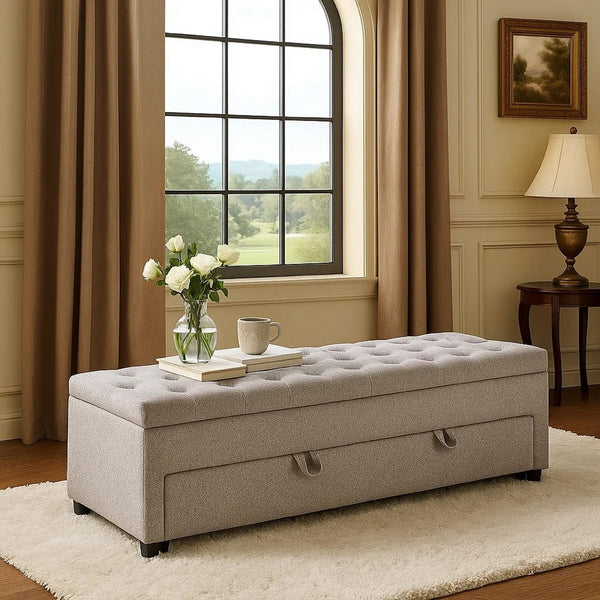 Kenny Ottoman, Underseat Drawer, Beige Button Tufted Boucle, 60 Inch - BM341053