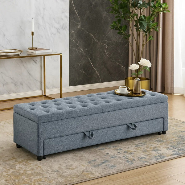 Kenny Ottoman, Underseat Drawer, Gray Button Tufted Boucle 60 Inch - BM341054