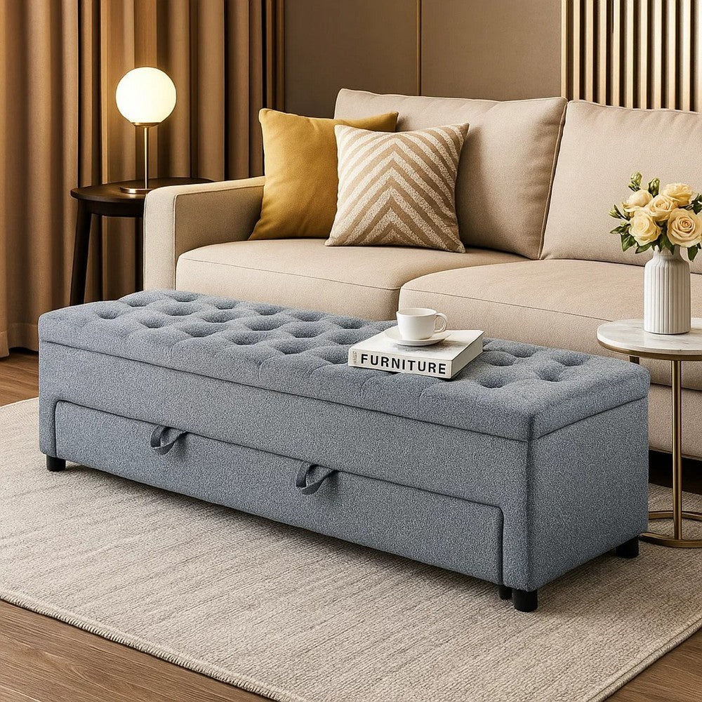 Kenny Ottoman, Underseat Drawer, Gray Button Tufted Boucle 60 Inch - BM341054