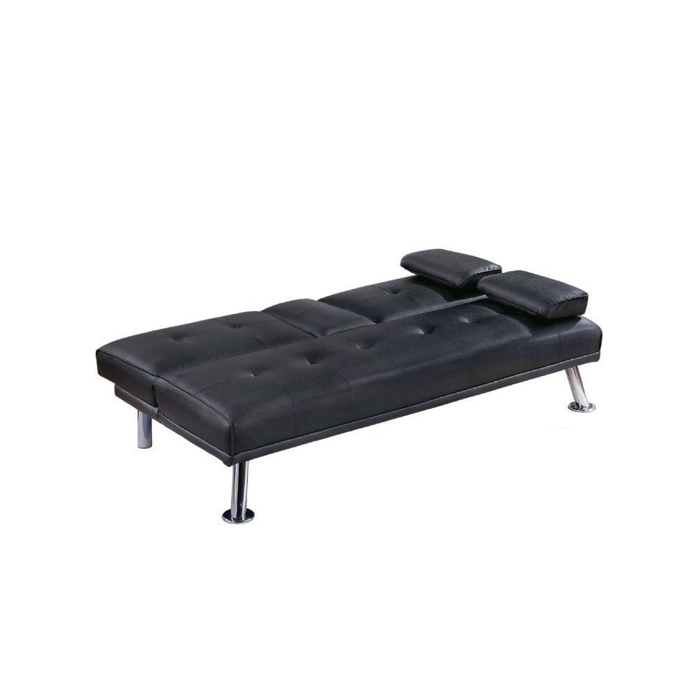 Gary Convertible Sofa with Fold-Down Table, Metal, Black Faux Leather - BM341059