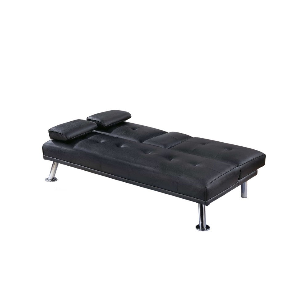 Gary Convertible Sofa with Fold-Down Table, Metal, Black Faux Leather - BM341059