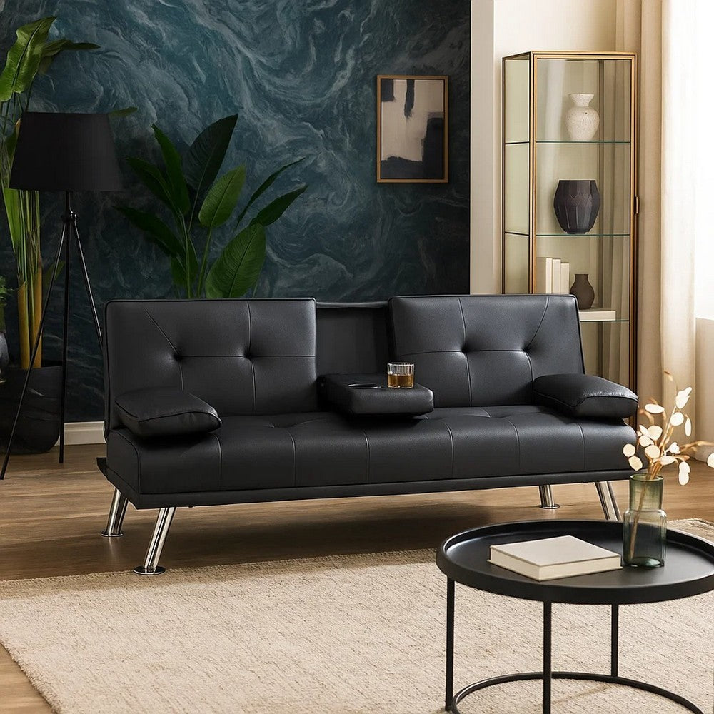 Gary Convertible Sofa with Fold-Down Table, Metal, Black Faux Leather - BM341059