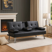 Gary Convertible Sofa with Fold-Down Table, Metal, Black Faux Leather - BM341059