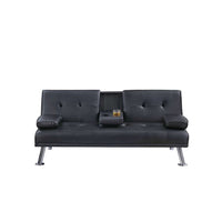 Gary Convertible Sofa with Fold-Down Table, Metal, Black Faux Leather - BM341059