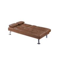 Gary Convertible Sofa with Fold-Down Table, Metal, Brown Faux Leather - BM341060