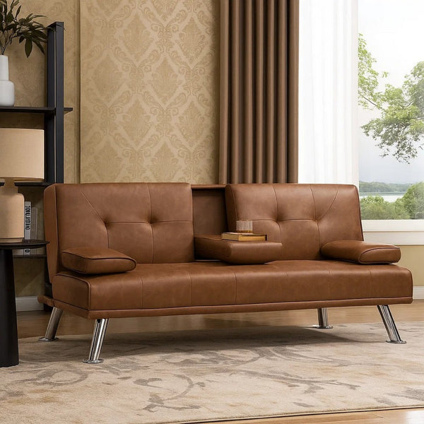 Gary Convertible Sofa with Fold-Down Table, Metal, Brown Faux Leather - BM341060