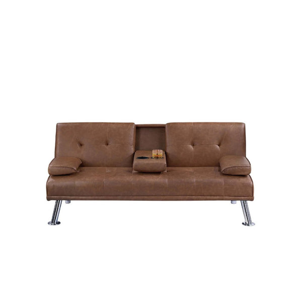 Gary Convertible Sofa with Fold-Down Table, Metal, Brown Faux Leather - BM341060