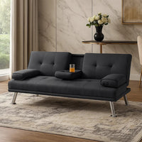 Gary Convertible Sofa with Fold-Down Table, Metal Legs, Black Fabric - BM341061