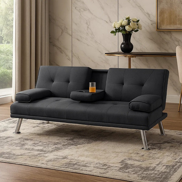 Gary Convertible Sofa with Fold-Down Table, Metal Legs, Black Fabric - BM341061