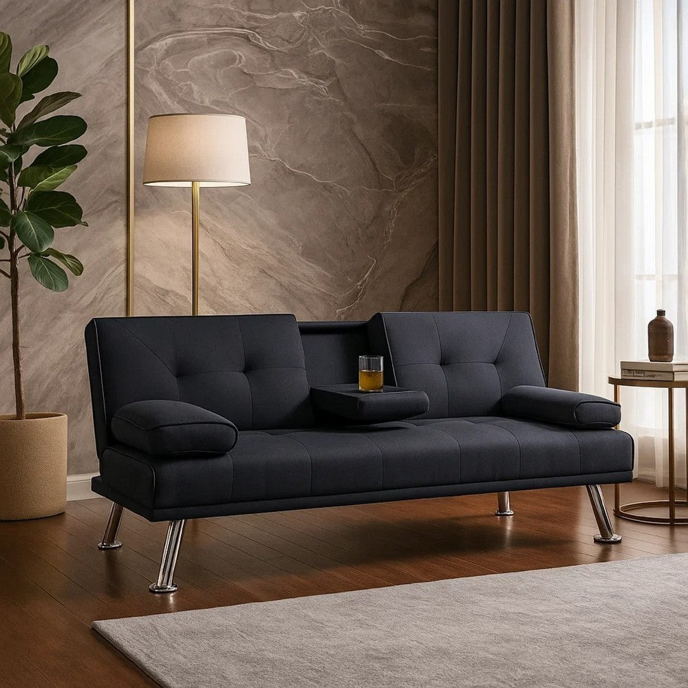 Gary Convertible Sofa with Fold-Down Table, Metal Legs, Black Fabric - BM341061