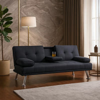 Gary Convertible Sofa with Fold-Down Table, Metal Legs, Black Fabric - BM341061