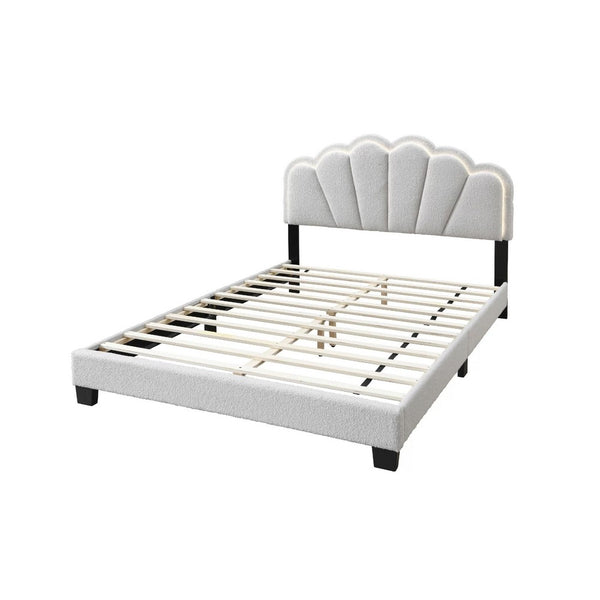 Madsy Full Bed, White Upholstered Fan-Shaped Headboard, Metallic Accents - BM341064