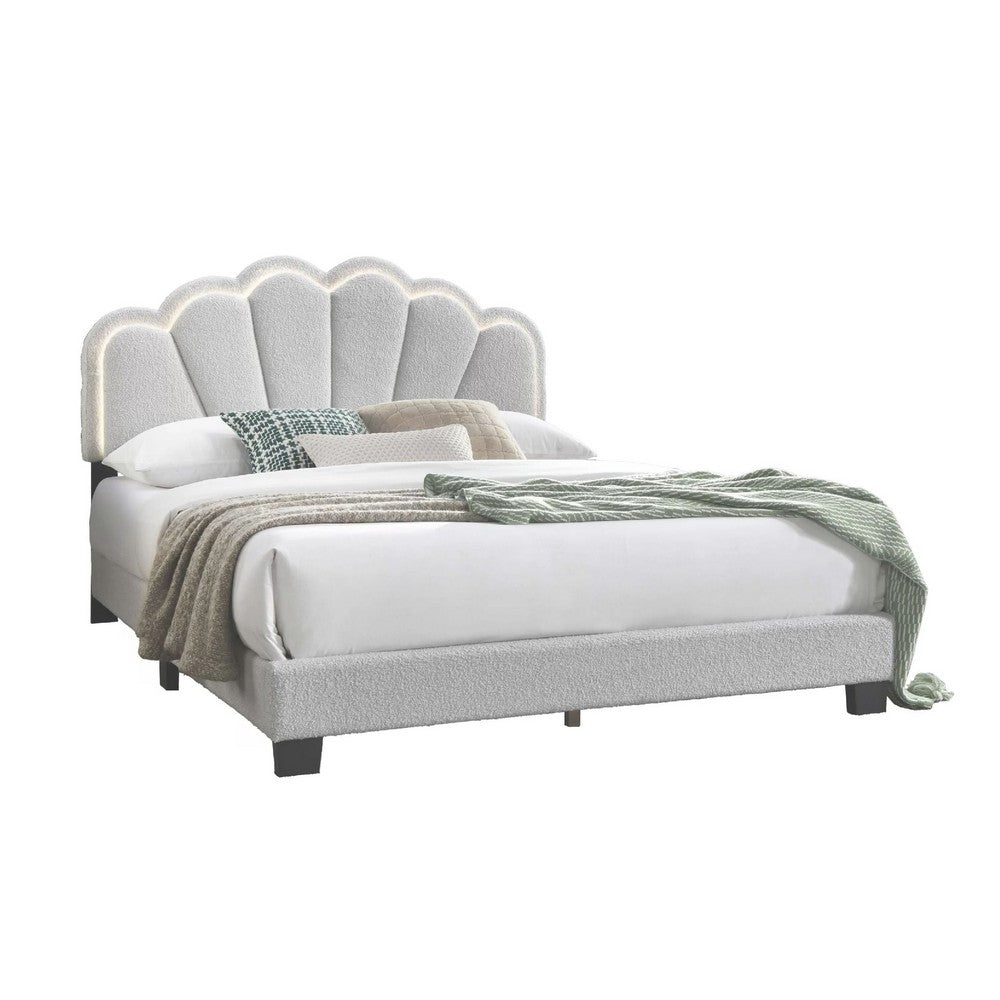 Madsy Full Bed, White Upholstered Fan-Shaped Headboard, Metallic Accents - BM341064