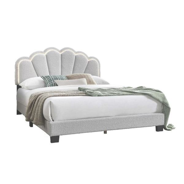 Madsy Full Bed, White Upholstered Fan-Shaped Headboard, Metallic Accents - BM341064