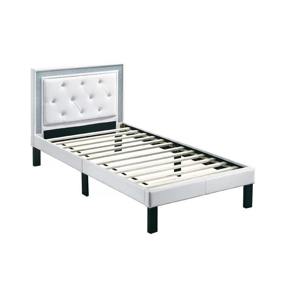 Mannie Twin Bed with Silver Trim, White Button Tufted Faux-Leather - BM341066