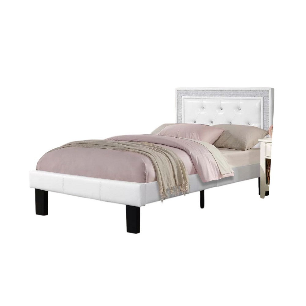 Mannie Twin Bed with Silver Trim, White Button Tufted Faux-Leather - BM341066