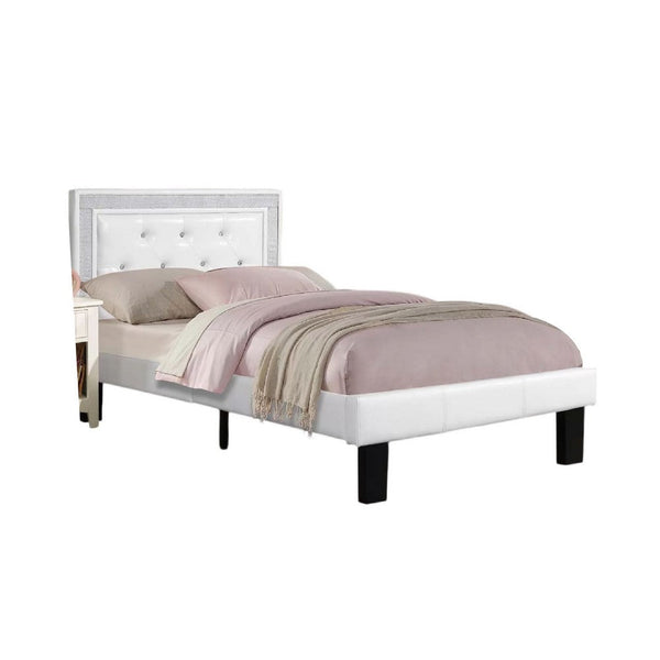 Mannie Twin Bed with Silver Trim, White Button Tufted Faux-Leather - BM341066