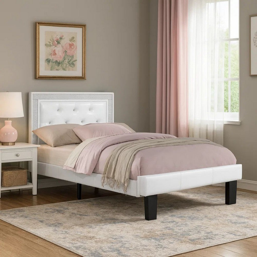 Mannie Twin Bed with Silver Trim, White Button Tufted Faux-Leather - BM341066