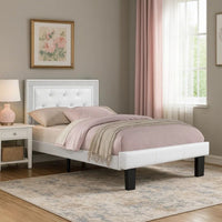 Mannie Twin Bed with Silver Trim, White Button Tufted Faux-Leather - BM341066