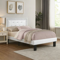 Mannie Twin Bed with Silver Trim, White Button Tufted Faux-Leather - BM341066