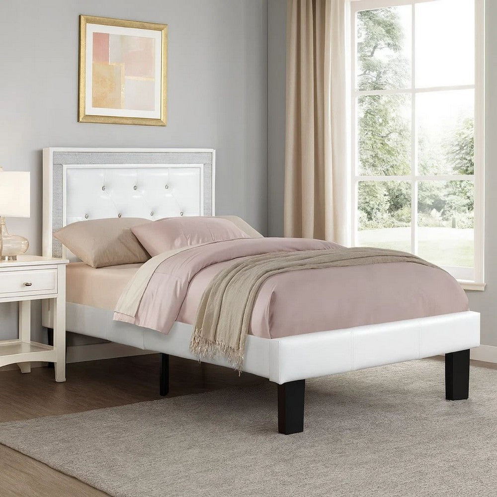 Mannie Twin Bed with Silver Trim, White Button Tufted Faux-Leather - BM341066