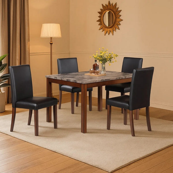Wesley 5pc Dining Table Set, Black Faux-Leather, Faux Marble, Cherry Brown - BM341106