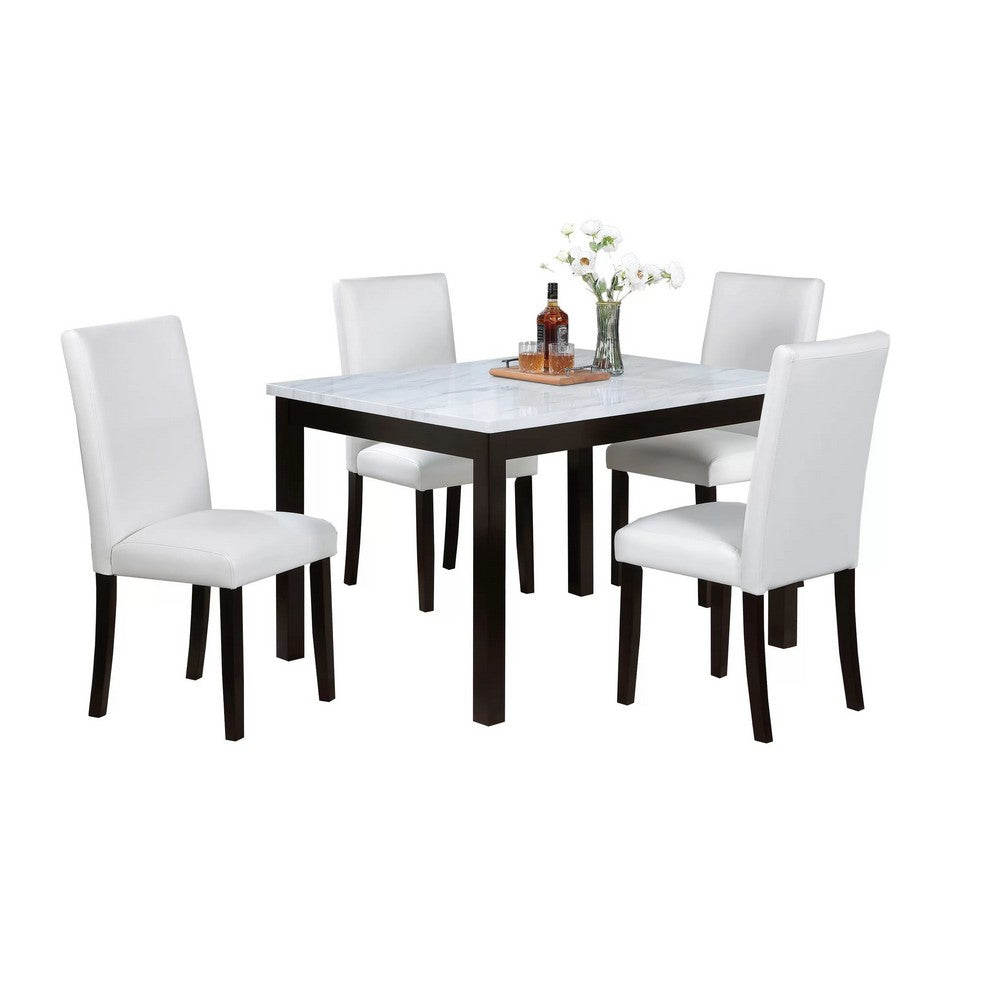 Wesley 5pc Dining Table Set, White Faux-Leather, Faux Marble, Brown Wood - BM341107