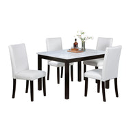 Wesley 5pc Dining Table Set, White Faux-Leather, Faux Marble, Brown Wood - BM341107