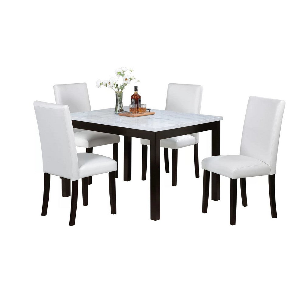 Wesley 5pc Dining Table Set, White Faux-Leather, Faux Marble, Brown Wood - BM341107