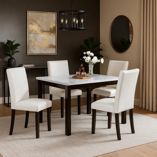 Wesley 5pc Dining Table Set, White Faux-Leather, Faux Marble, Brown Wood - BM341107