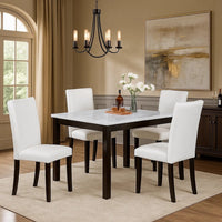 Wesley 5pc Dining Table Set, White Faux-Leather, Faux Marble, Brown Wood - BM341107