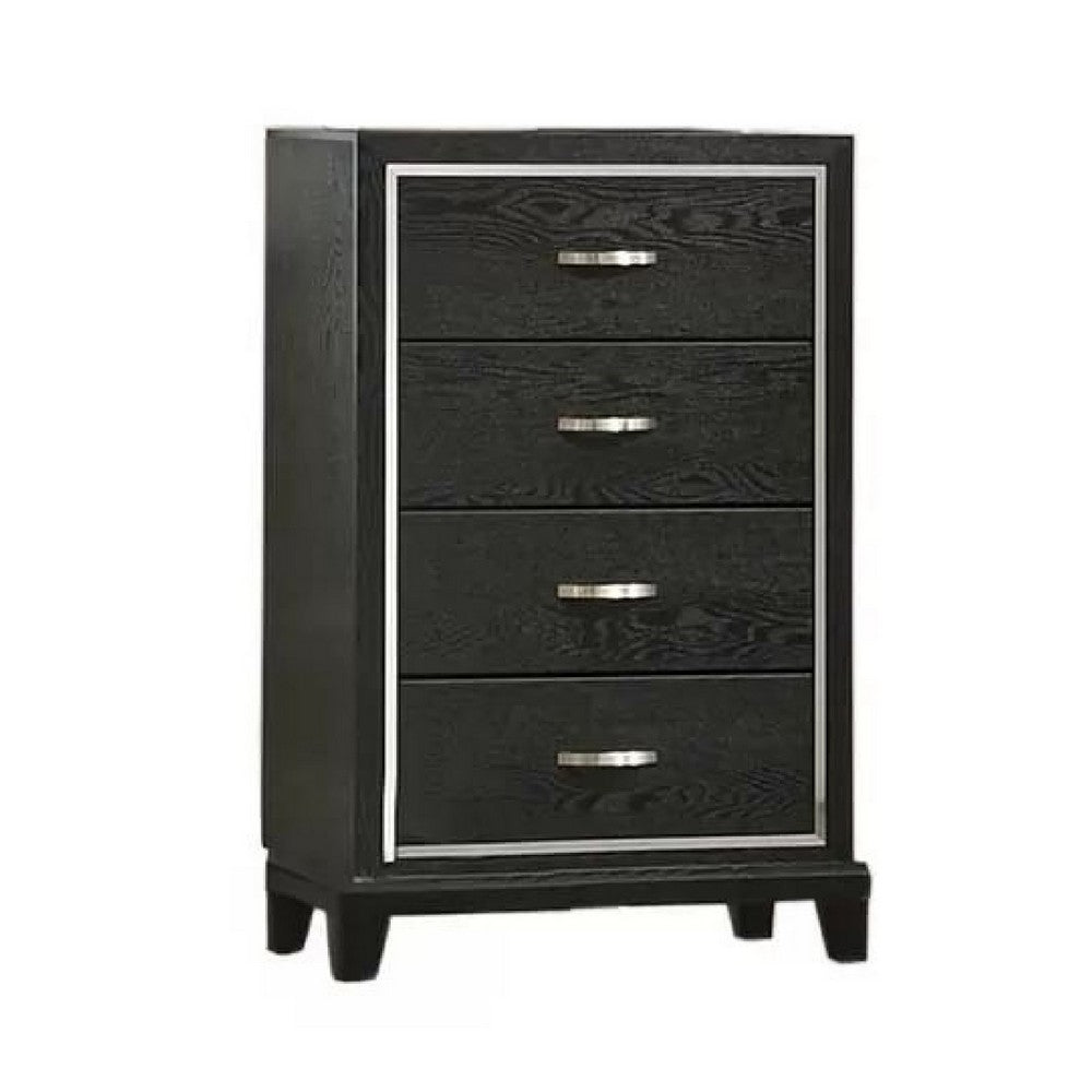 Lyla Tall Dresser Chest, Glam Silver Trim, 4 Drawer, Black Wood - BM341122