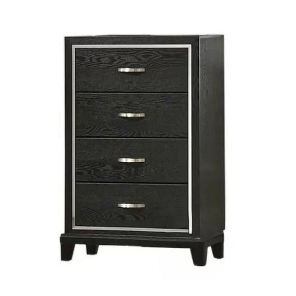 Lyla Tall Dresser Chest, Glam Silver Trim, 4 Drawer, Black Wood - BM341122