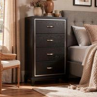 Lyla Tall Dresser Chest, Glam Silver Trim, 4 Drawer, Black Wood - BM341122