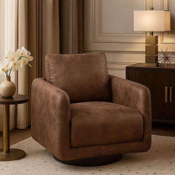 Wade Swivel Armchair, Square Frame, Walnut Brown Faux Leather - BM341126