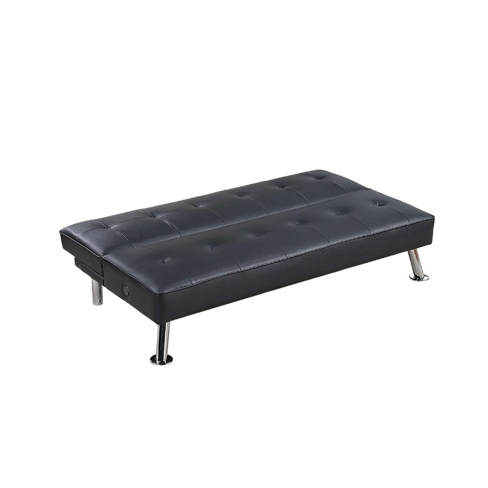 Milana Convertible Sofa Bed, USB Port, Black Faux Leather, 66 Inch - BM341128