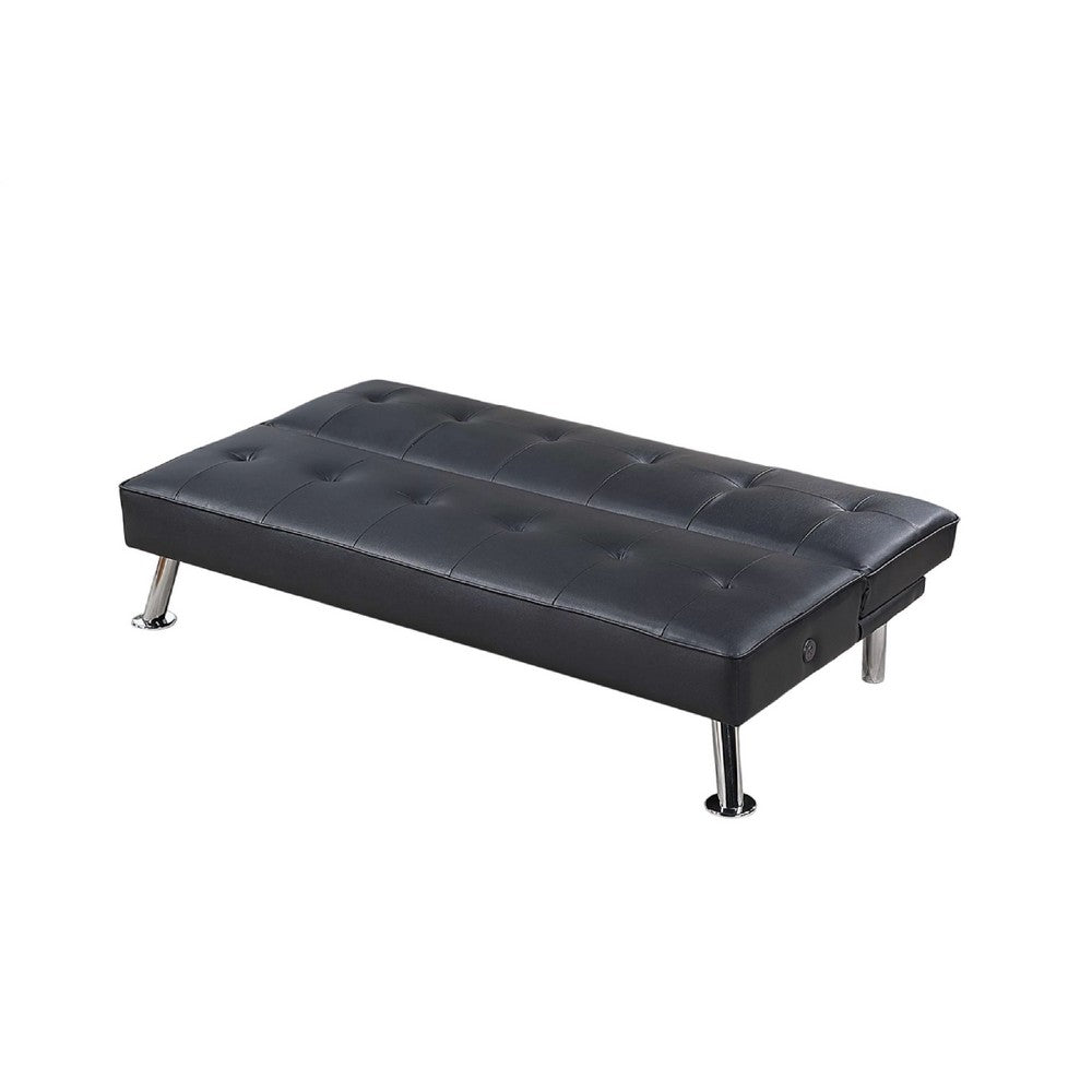 Milana Convertible Sofa Bed, USB Port, Black Faux Leather, 66 Inch - BM341128