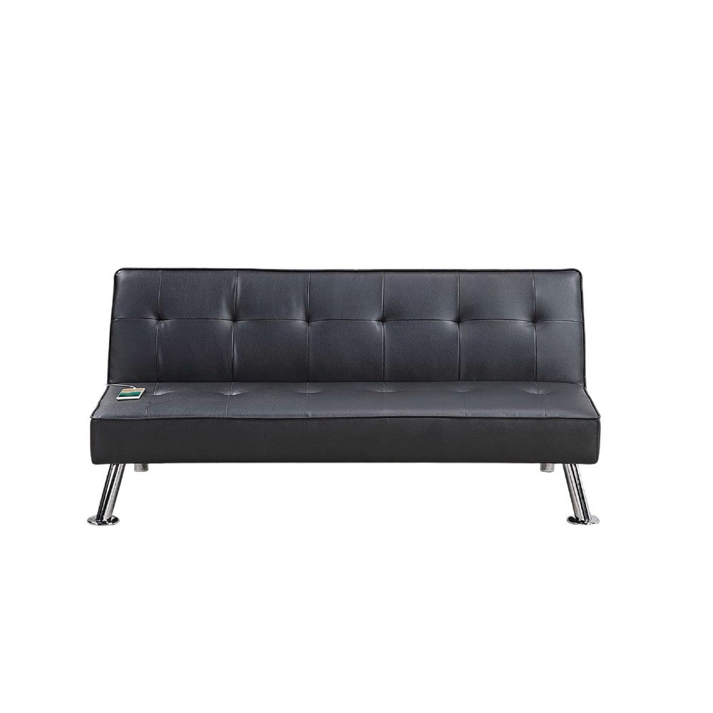 Milana Convertible Sofa Bed, USB Port, Black Faux Leather, 66 Inch - BM341128