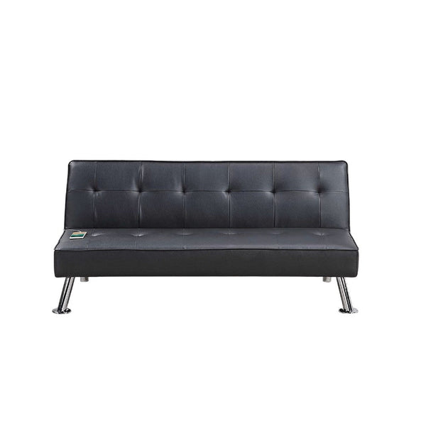 Milana Convertible Sofa Bed, USB Port, Black Faux Leather, 66 Inch - BM341128