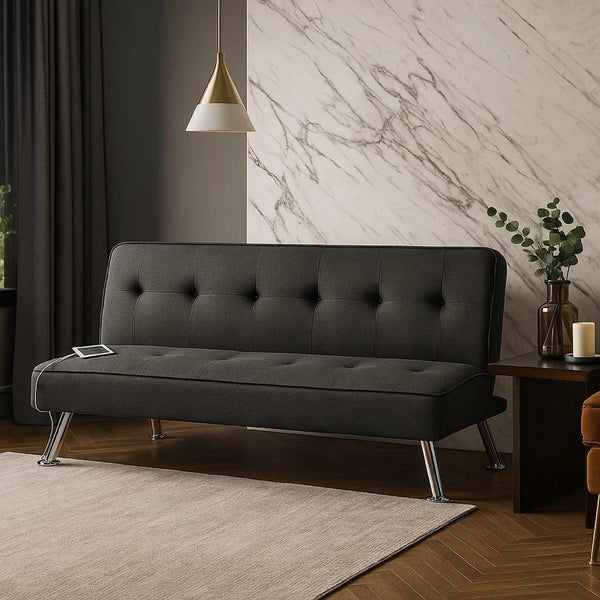 Milana Convertible Sofa Bed, USB Port, Black Fabric, 66 Inch - BM341130