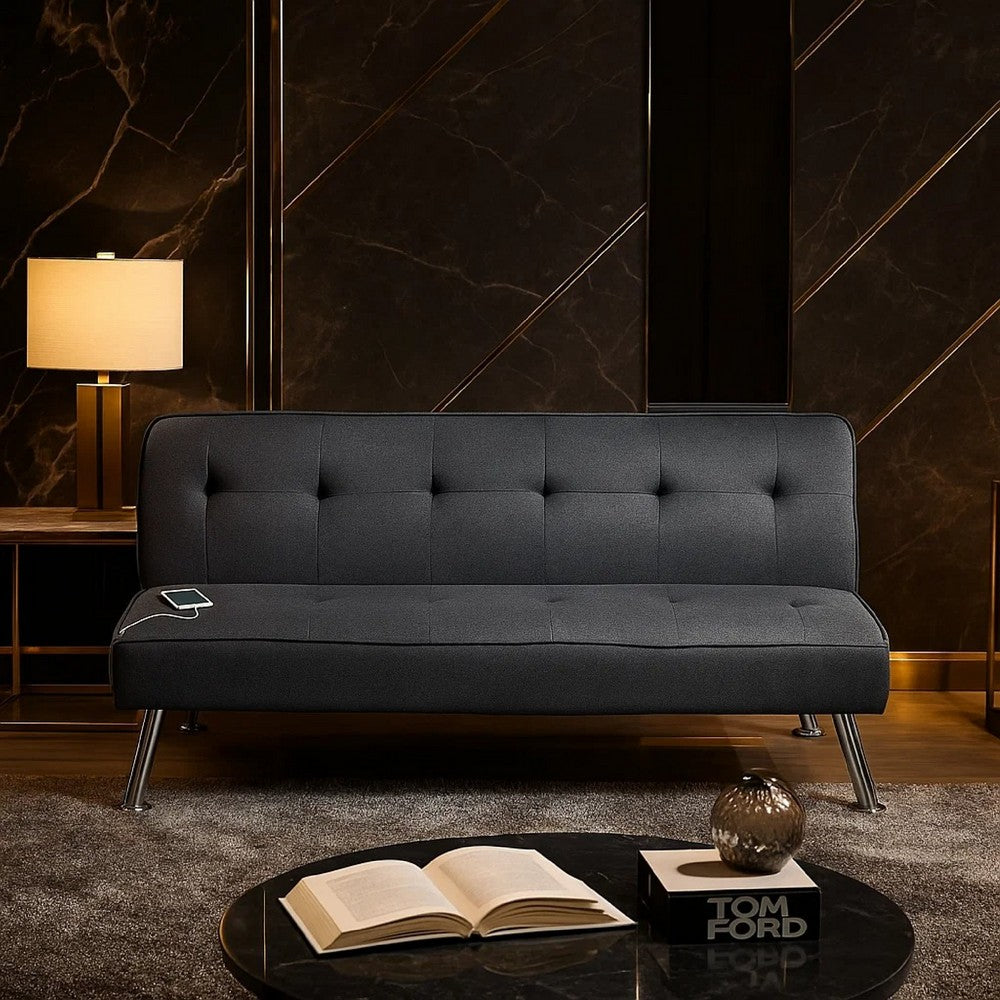 Milana Convertible Sofa Bed, USB Port, Black Fabric, 66 Inch - BM341130