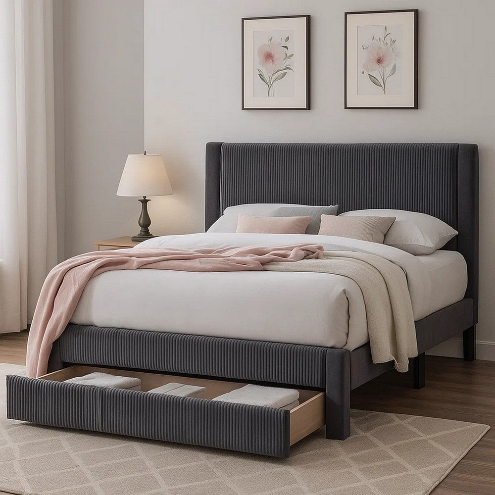 Daisy Full Bed w Drawer, Dark Gray Corduroy Upholstery, Foam Headboard - BM341133