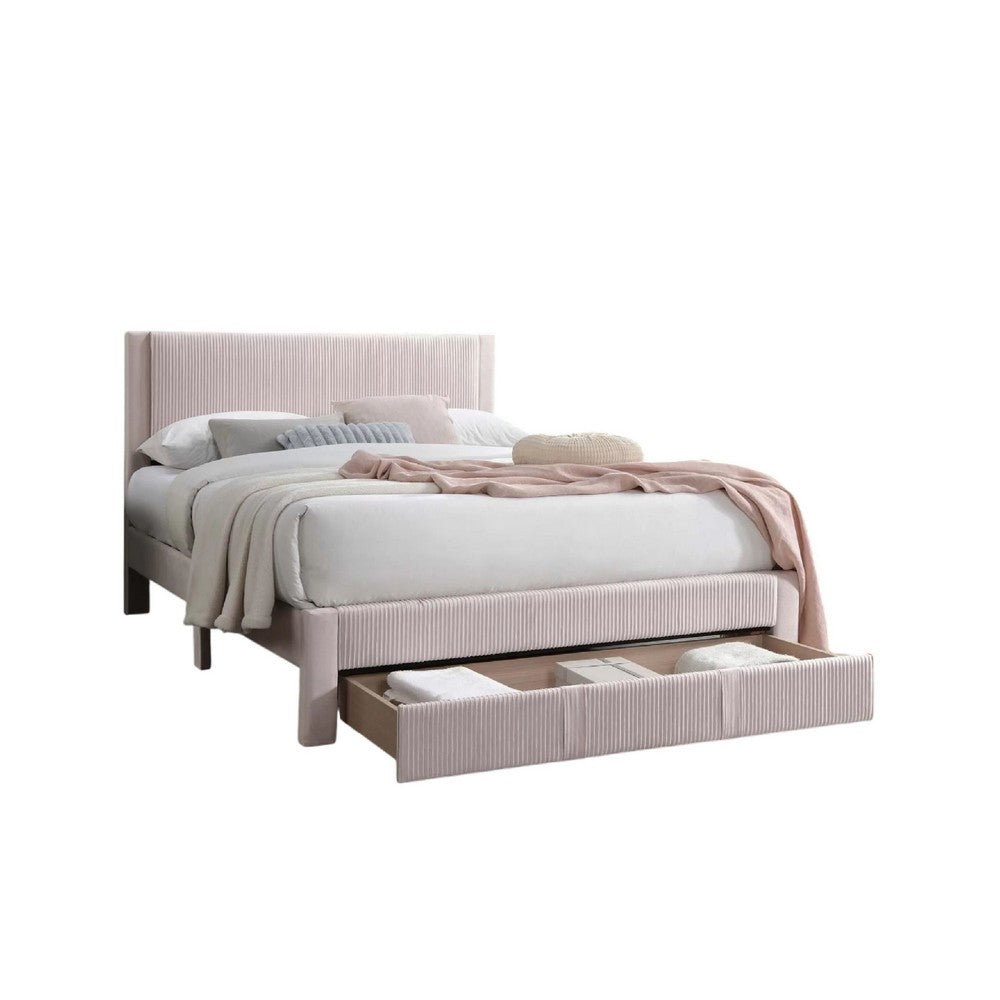 Daisy Full Bed w Drawer, Light Pink Corduroy Upholstery, Foam Headboard - BM341134