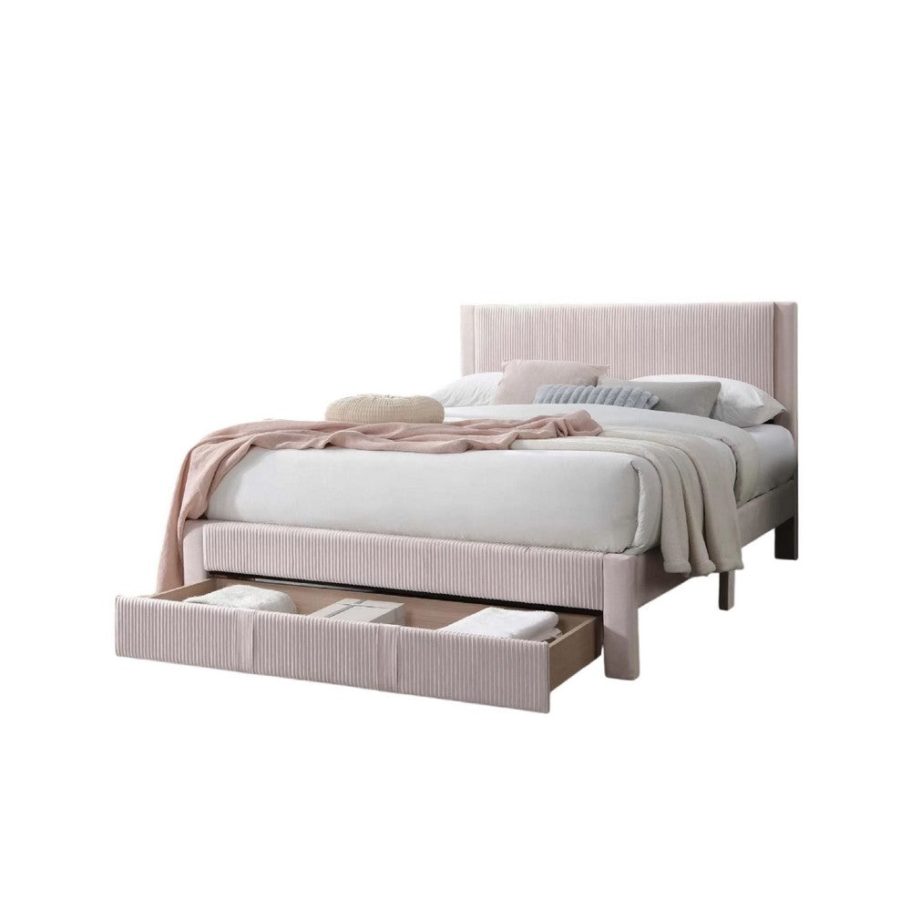 Daisy Full Bed w Drawer, Light Pink Corduroy Upholstery, Foam Headboard - BM341134