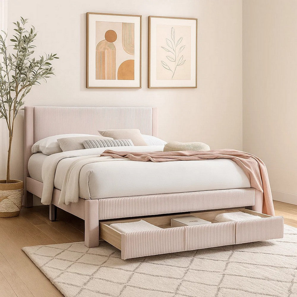 Daisy Full Bed w Drawer, Light Pink Corduroy Upholstery, Foam Headboard - BM341134